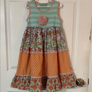 Sage & Lilly Girls Tiered Boutique Dress Mint Strips and Floral Patchwork Size 6